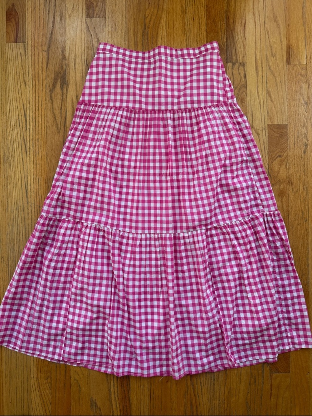 J. Crew Pink and White Gingham Tiered Maxi Skirt